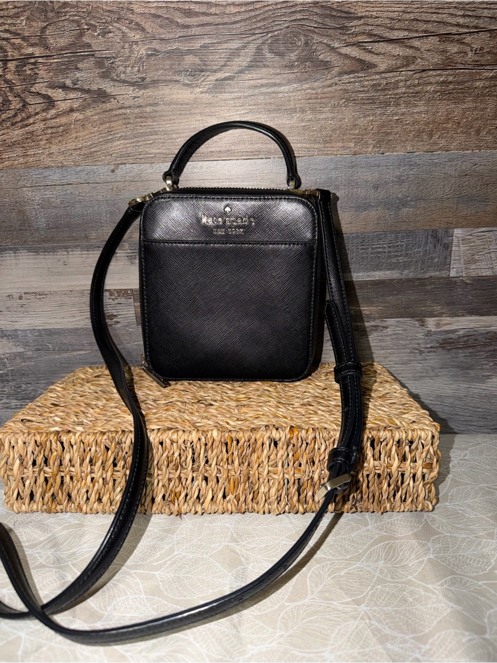 kate spade Black Leather Square Crossbody Bag with Top Handle